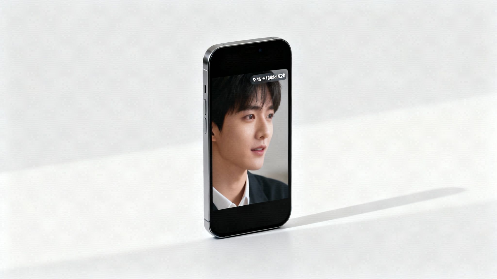 A silver iPhone stands upright on a white surface, displaying a young man's portrait on its screen.