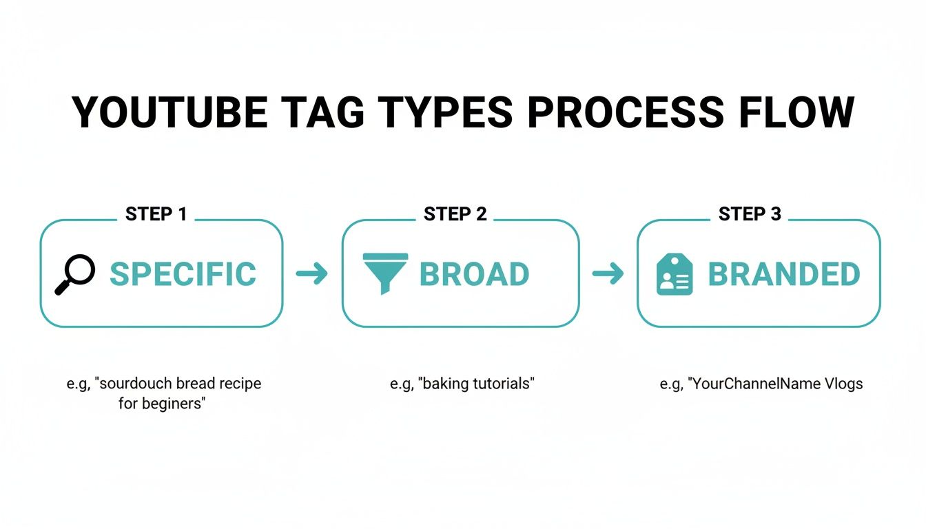 Flowchart illustrating YouTube tag types process: Specific, Broad, and Branded, with example tags for each.
