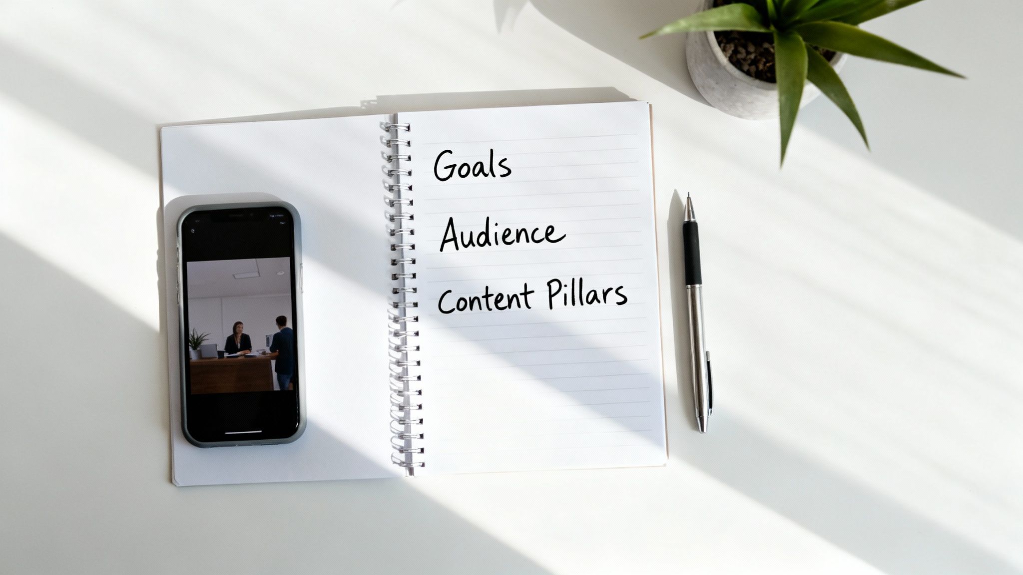Flat lay of a marketing plan notebook with 'Goals', 'Audience', 'Content Pillars', a phone showing a video, and a pen.
