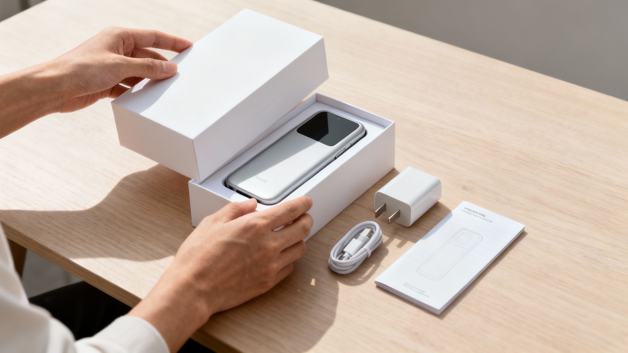 Person unboxing a new silver smartphone, revealing charger, cable, and manual on a wooden table.