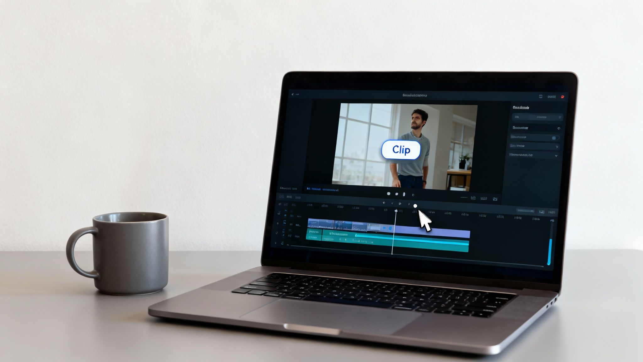 A laptop displays video editing software with a man in a video clip and a mouse cursor on the timeline, next to a coffee mug.