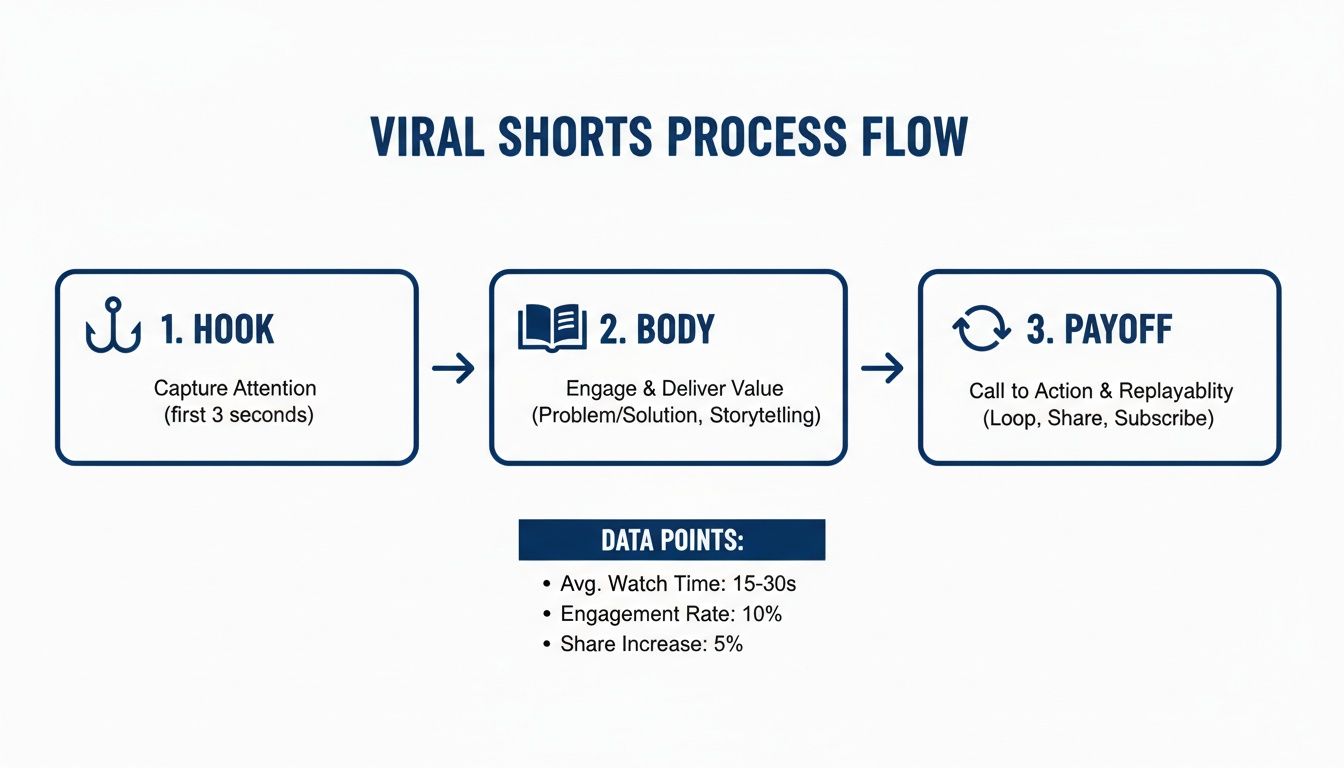 Flowchart showing the Viral Shorts Process Flow with steps Hook, Body, Payoff, and associated data points.