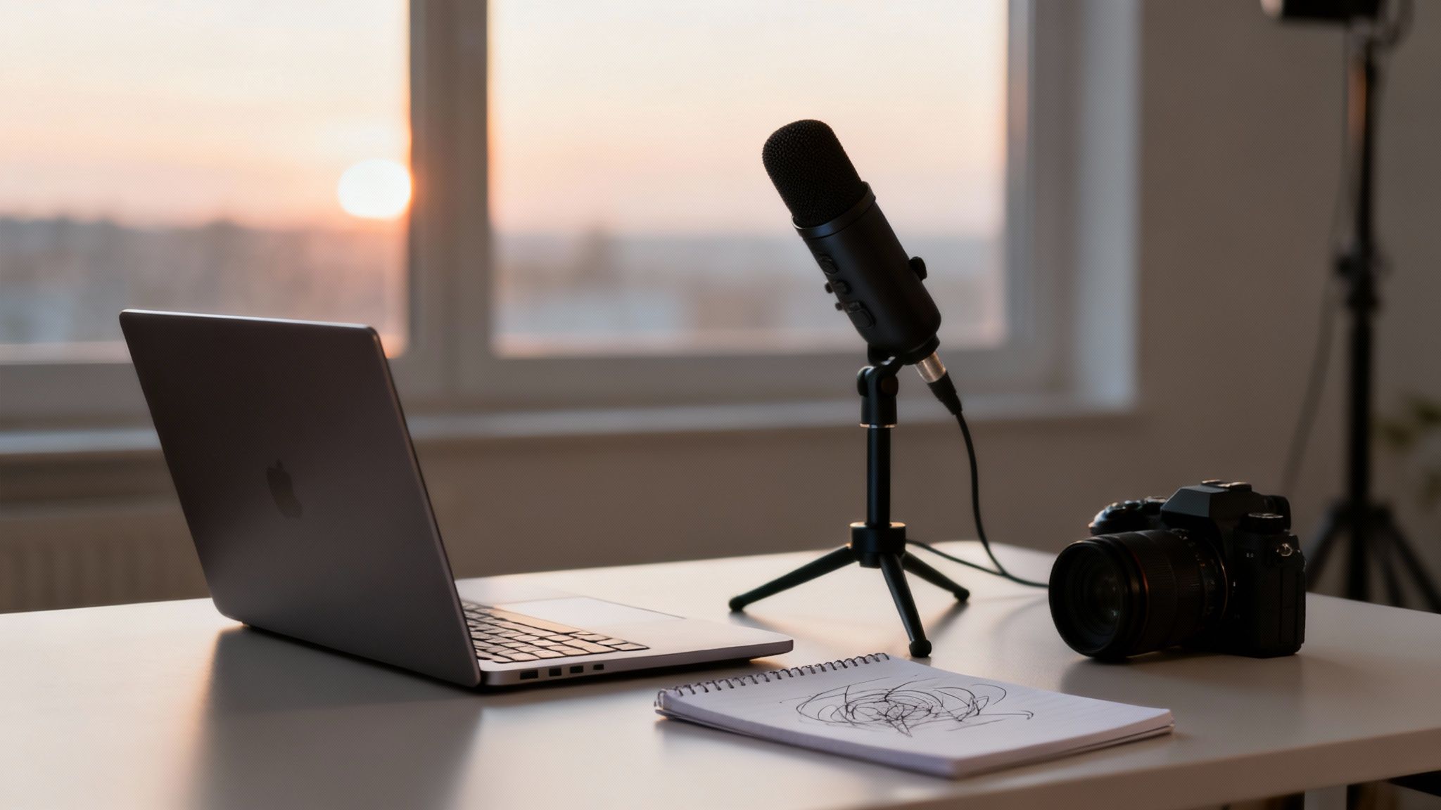 A home studio setup with a laptop, microphone, camera, and notepad during sunset.