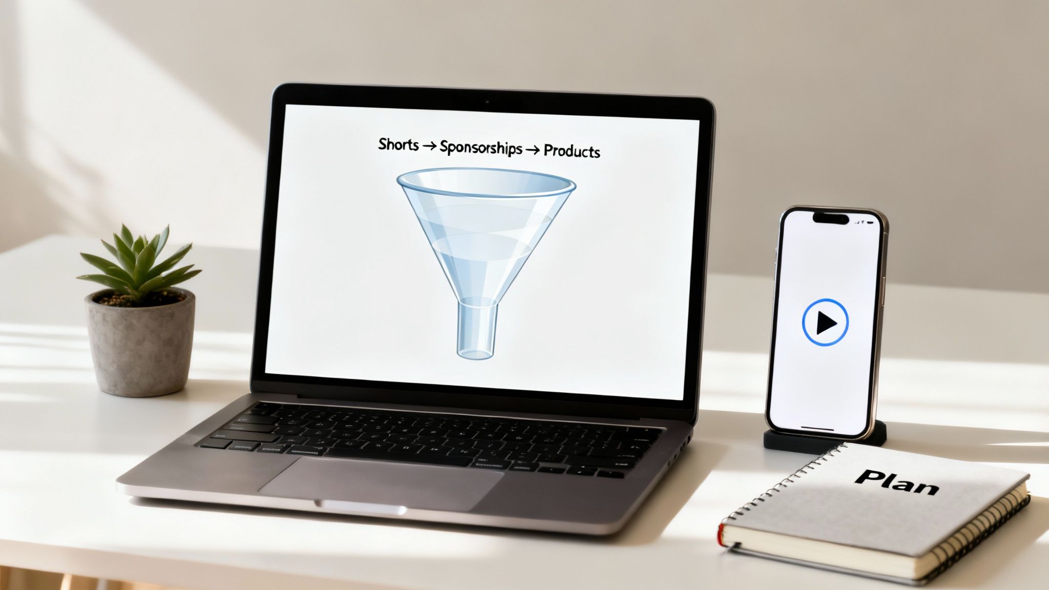 Laptop shows a funnel diagram for 'Shorts, Sponsorships, Products'. Phone and 'Plan' notebook on desk.