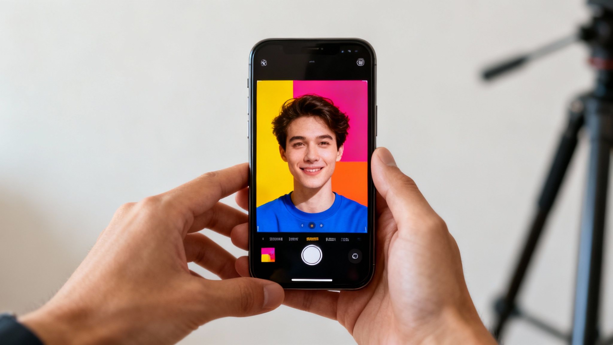Hands holding an iPhone displaying a smiling young man's portrait on a colorful background.