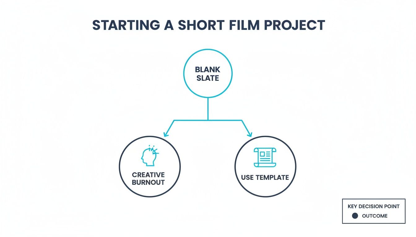 Flowchart detailing the decision process for starting a short film project, offering two paths: creative burnout or using a template.