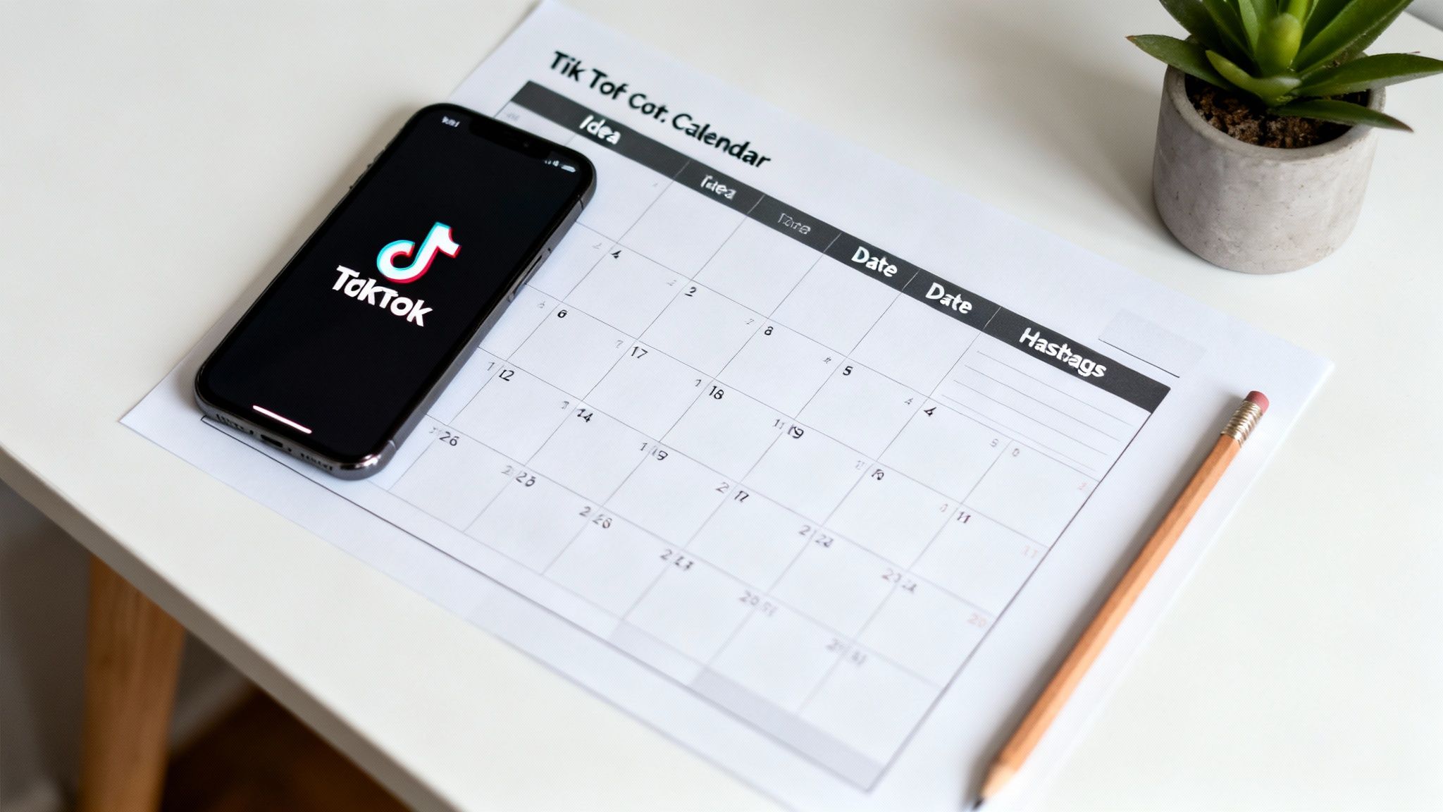 A smartphone displaying the TikTok app rests on a content calendar template with a pencil.