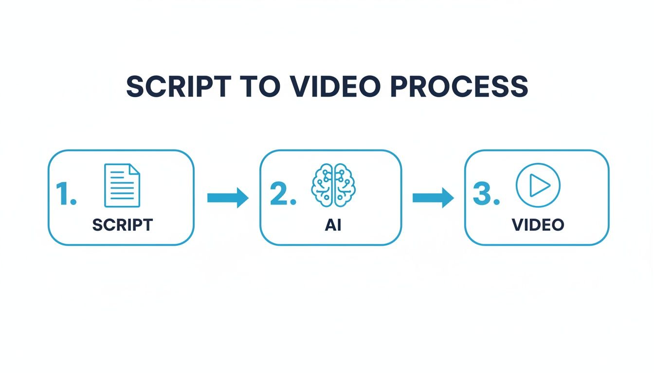 A flowchart illustrates the script to video process, showing three steps: Script, AI, and Video.