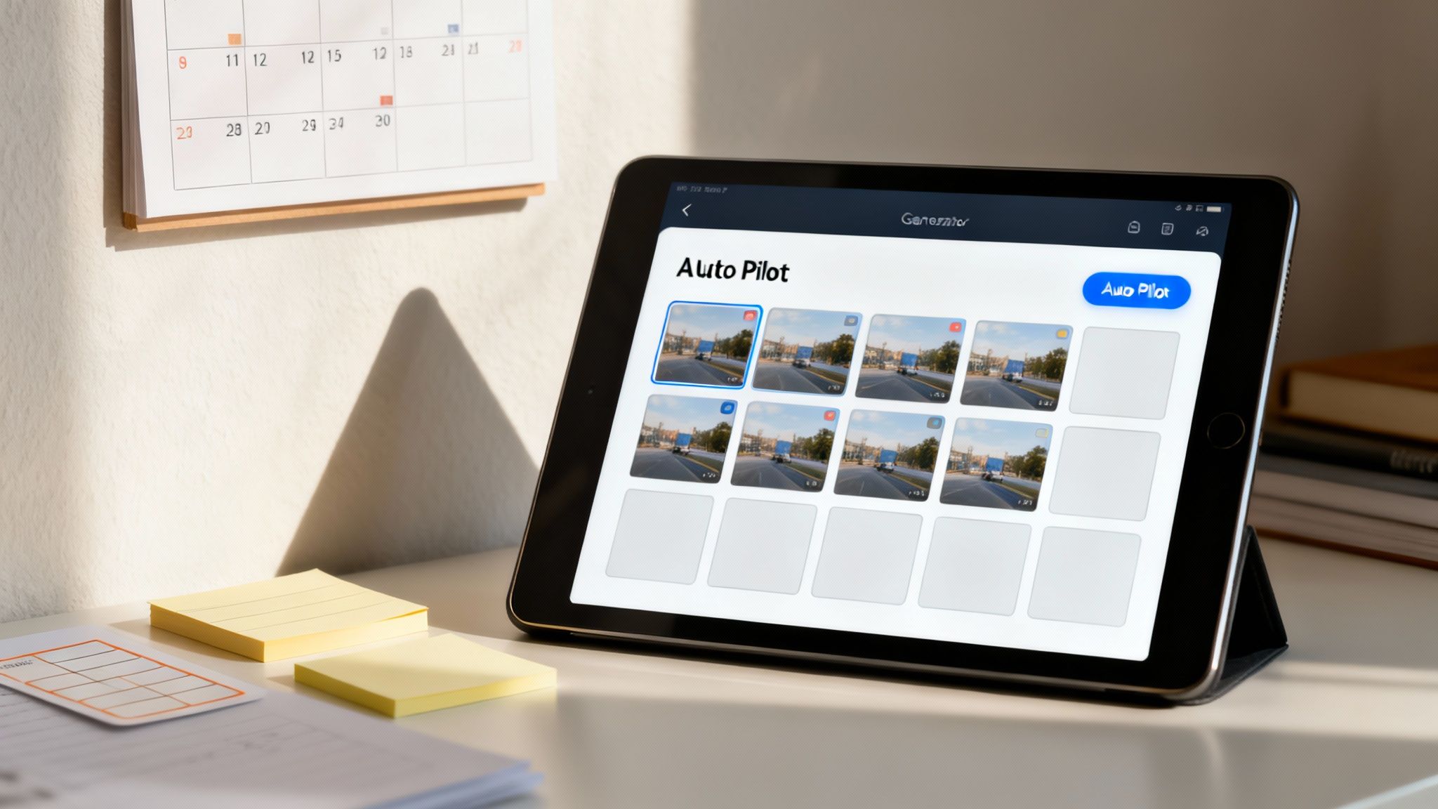 A tablet displays 'Auto Pilot' software with driving video thumbnails on a desk with office supplies.