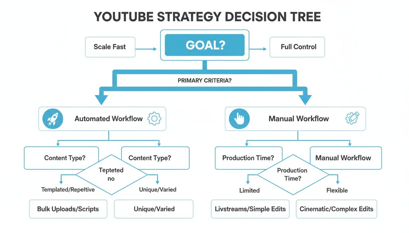 A YouTube strategy decision tree diagram for content creation, guiding automated versus manual workflow choices.