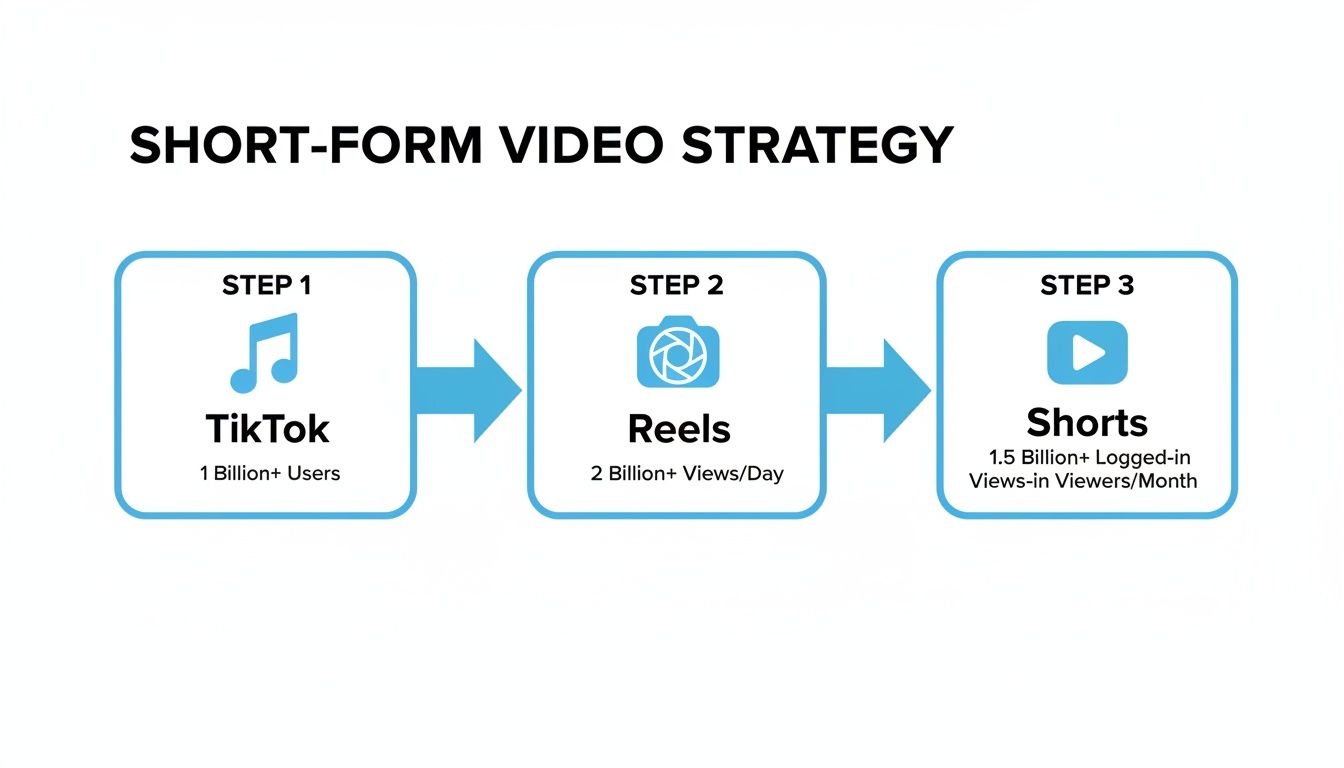 A short-form video strategy flow chart showing TikTok, Reels, and Shorts platforms with user statistics.