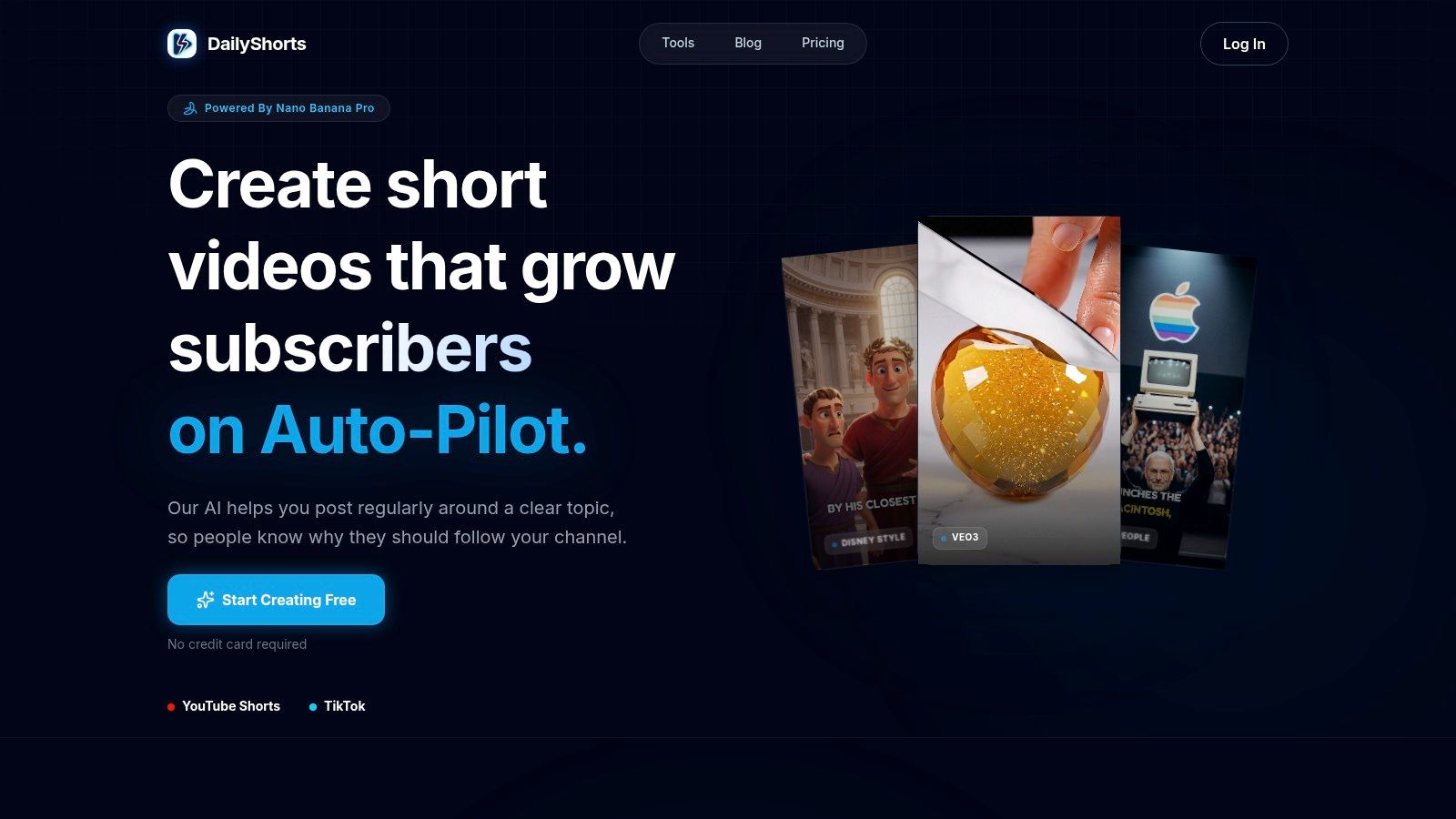 DailyShorts AI video maker free landing page