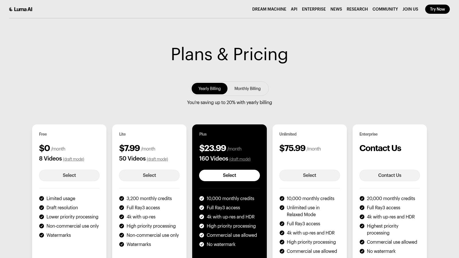 Luma AI (Dream Machine) Pricing Plans
