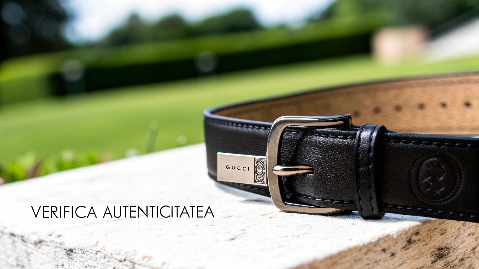 Curea Gucci neagră cu cataramă aurie, pe fundal neutru