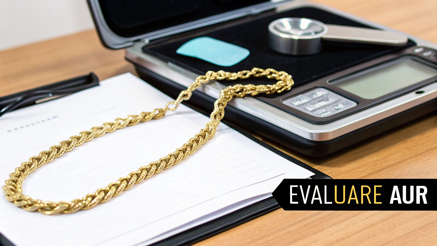 Lant de aur pe o masă din lemn, lângă o balanță digitală și un caiet, cu textul „EVALUARE AUR”.