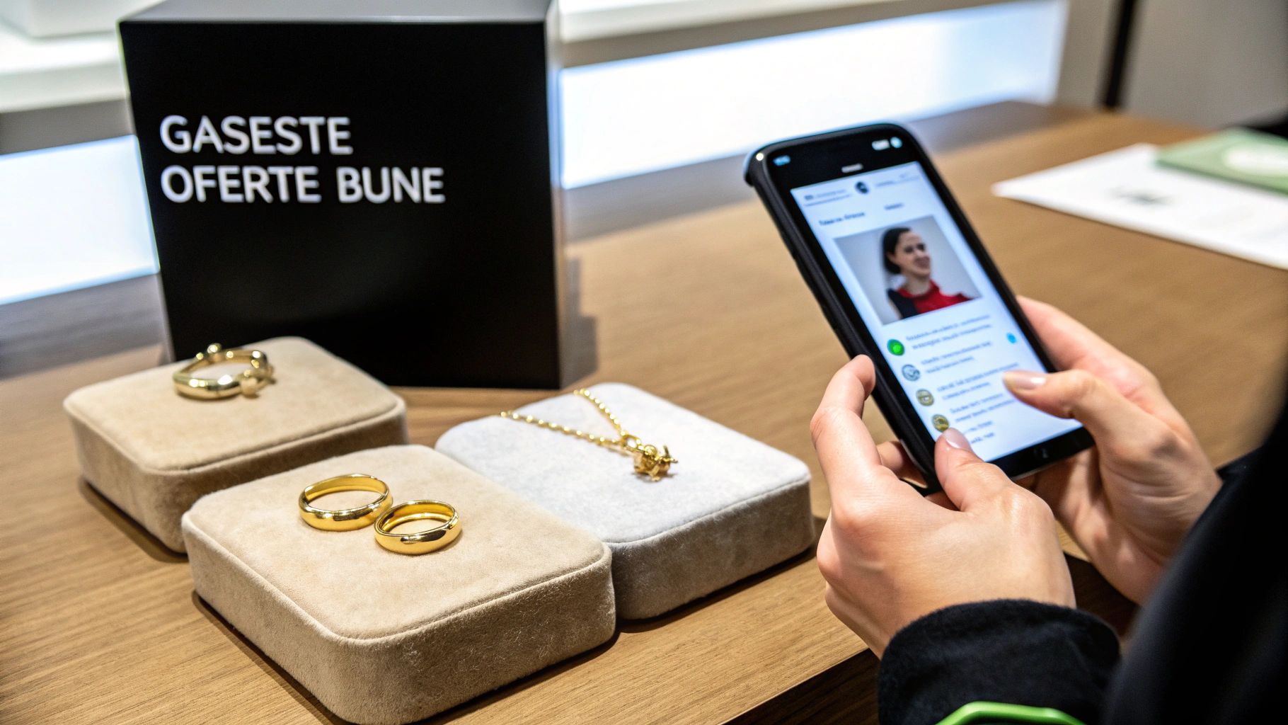 Vitrină cu bijuterii din aur, reflectând lumina