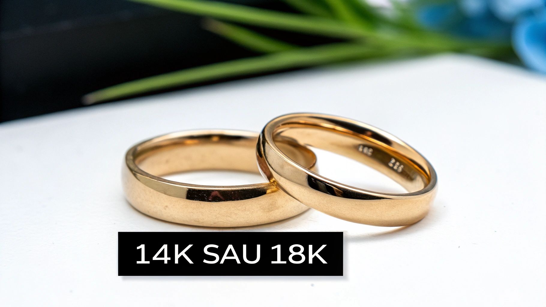 Două inele de aur, unul de 14k și unul de 18k, puse unul lângă altul pentru a ilustra diferența de nuanță.