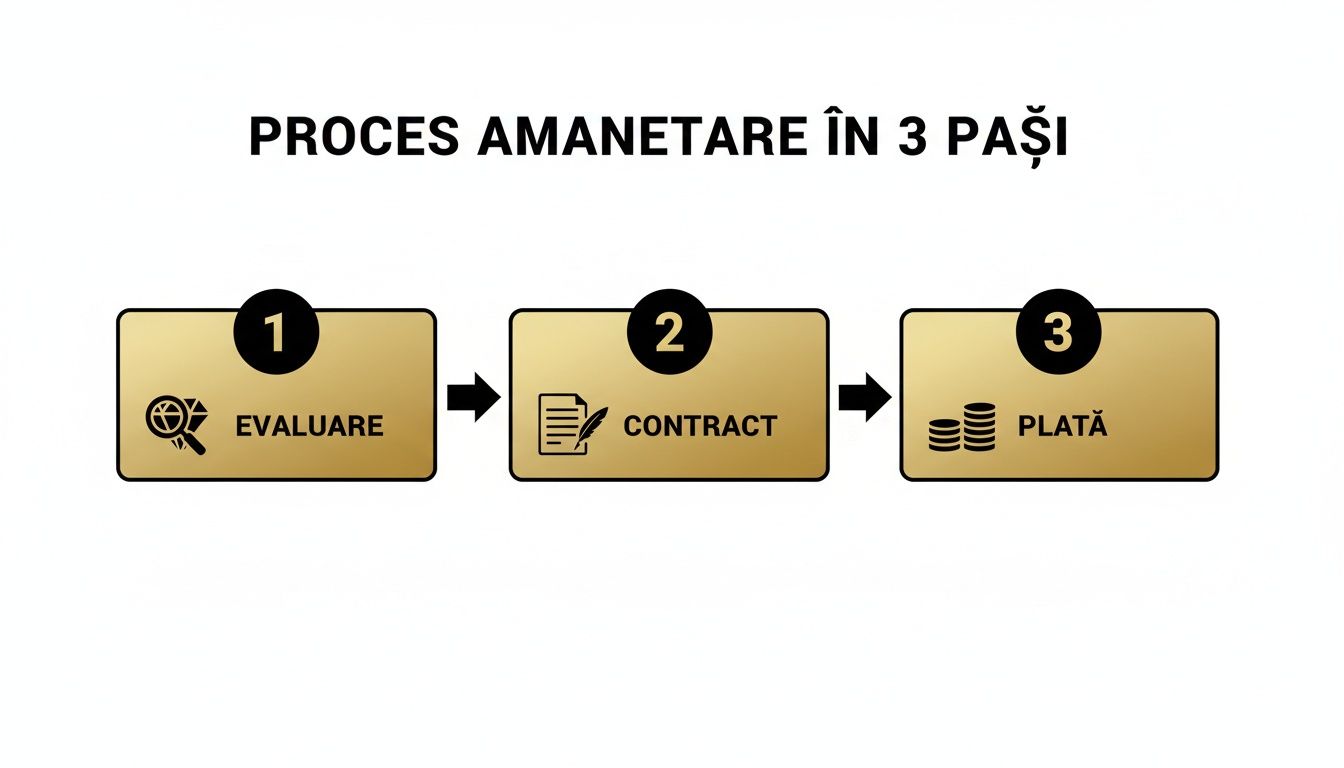 Diagramă explicativă a procesului de amanetare în 3 pași: evaluare, contract și plată rapidă.