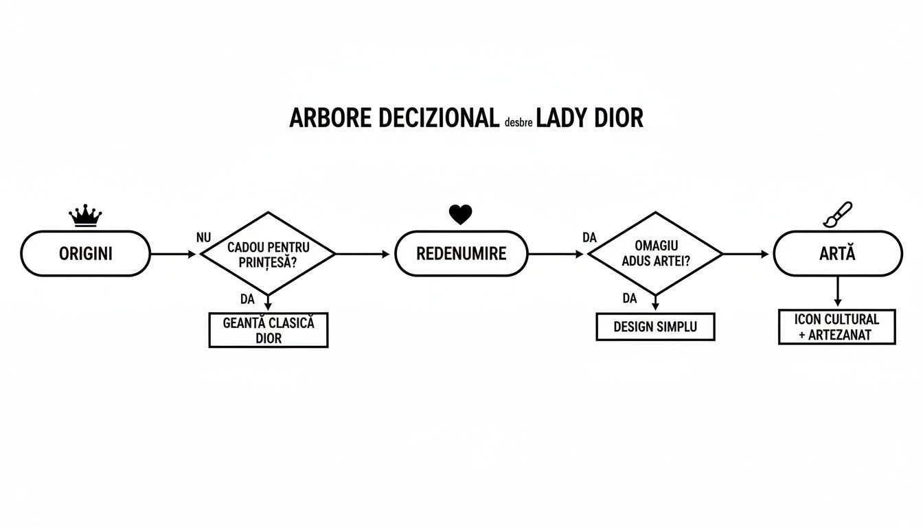 Diagramă arbore decizional despre geanta Lady Dior, ilustrând origini, redenumire și artă.