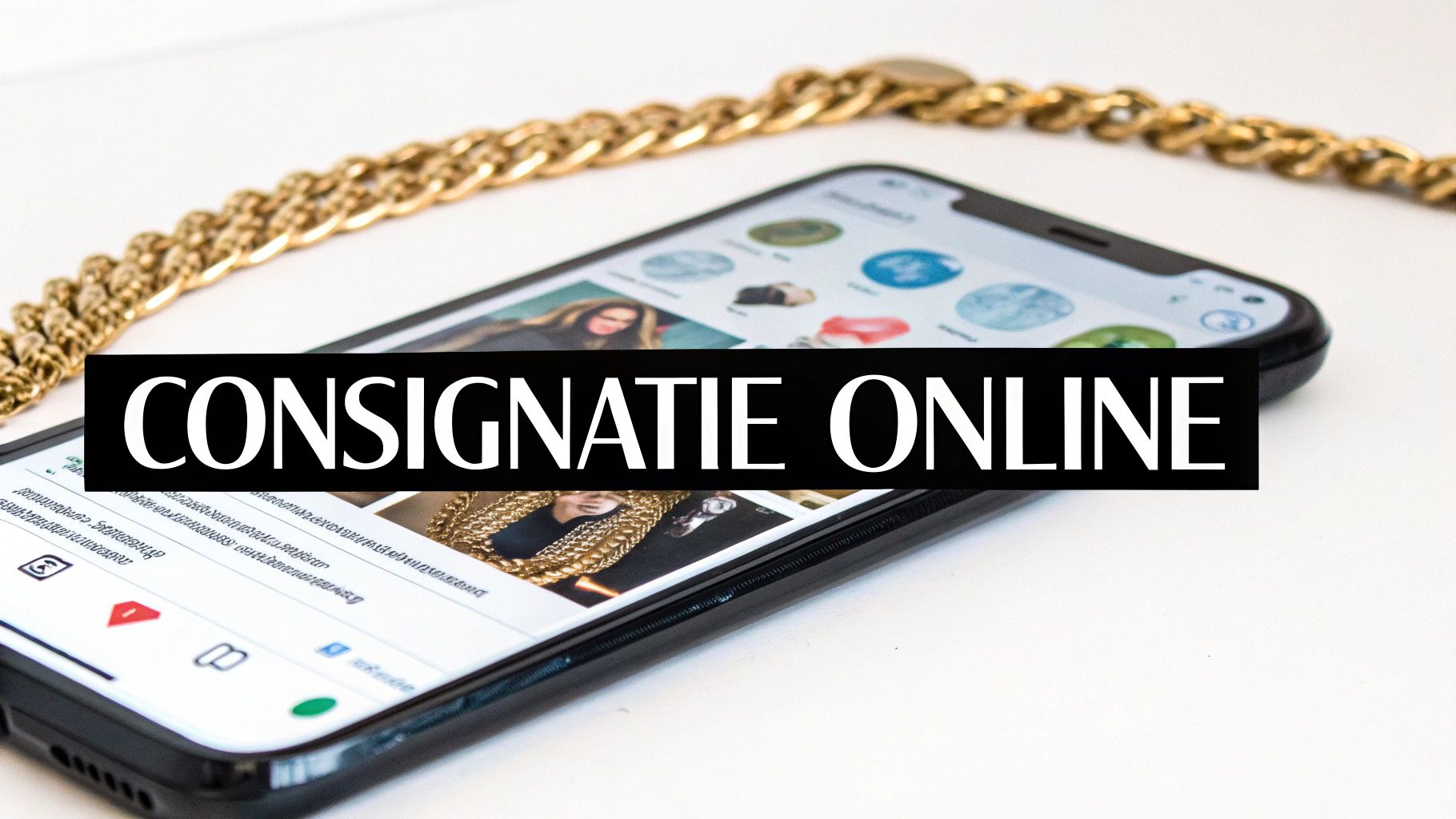Un smartphone modern afișează conținut online, lângă un lanț de aur lucios, cu textul „CONSIGNATIE ONLINE” suprapus.