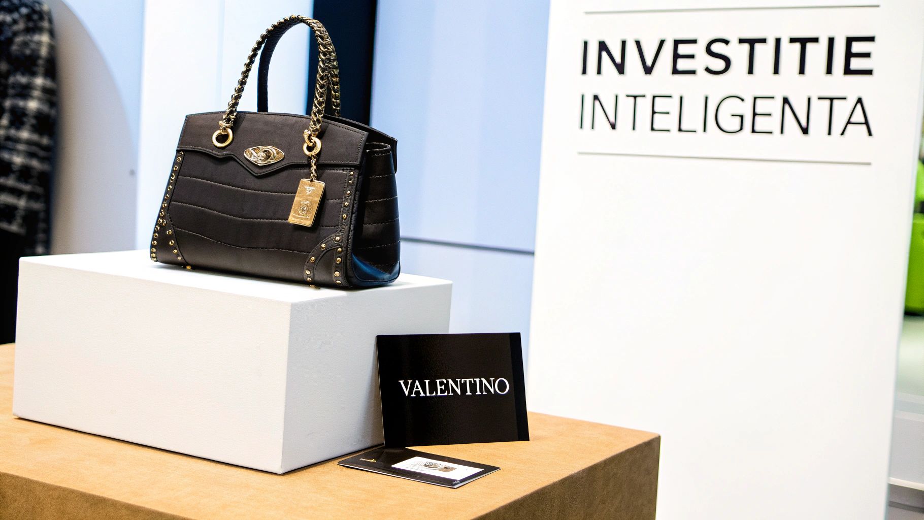 Geantă de mână neagră Valentino cu detalii aurii pe un piedestal, alături de un card cu logo-ul Valentino și un panou cu textul Investiție Inteligentă.