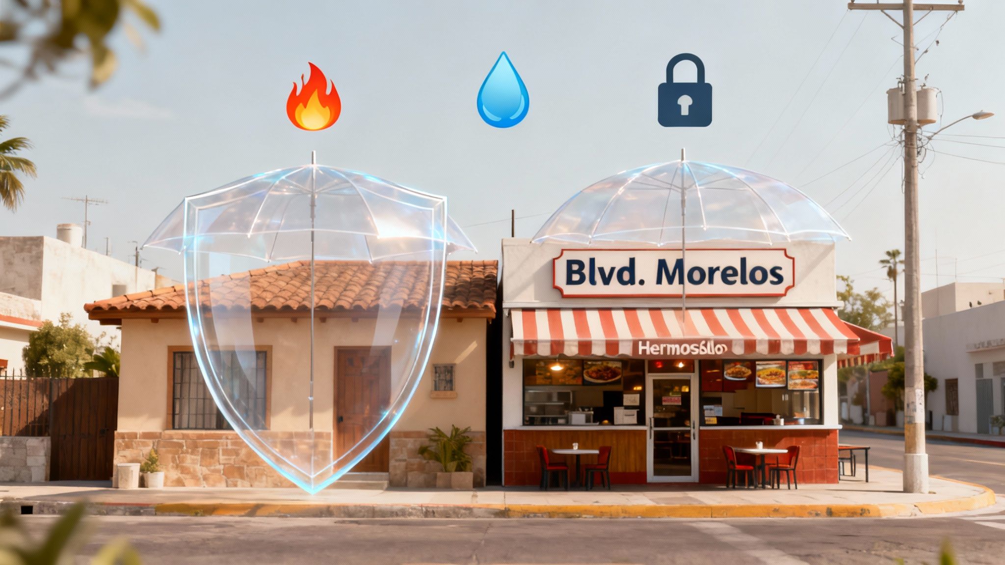 Una familia sonriendo frente a su casa en Hermosillo, con una ilustración de un escudo protector sobre la propiedad, simbolizando la seguridad que brinda un seguro de hogar de cobertura amplia.