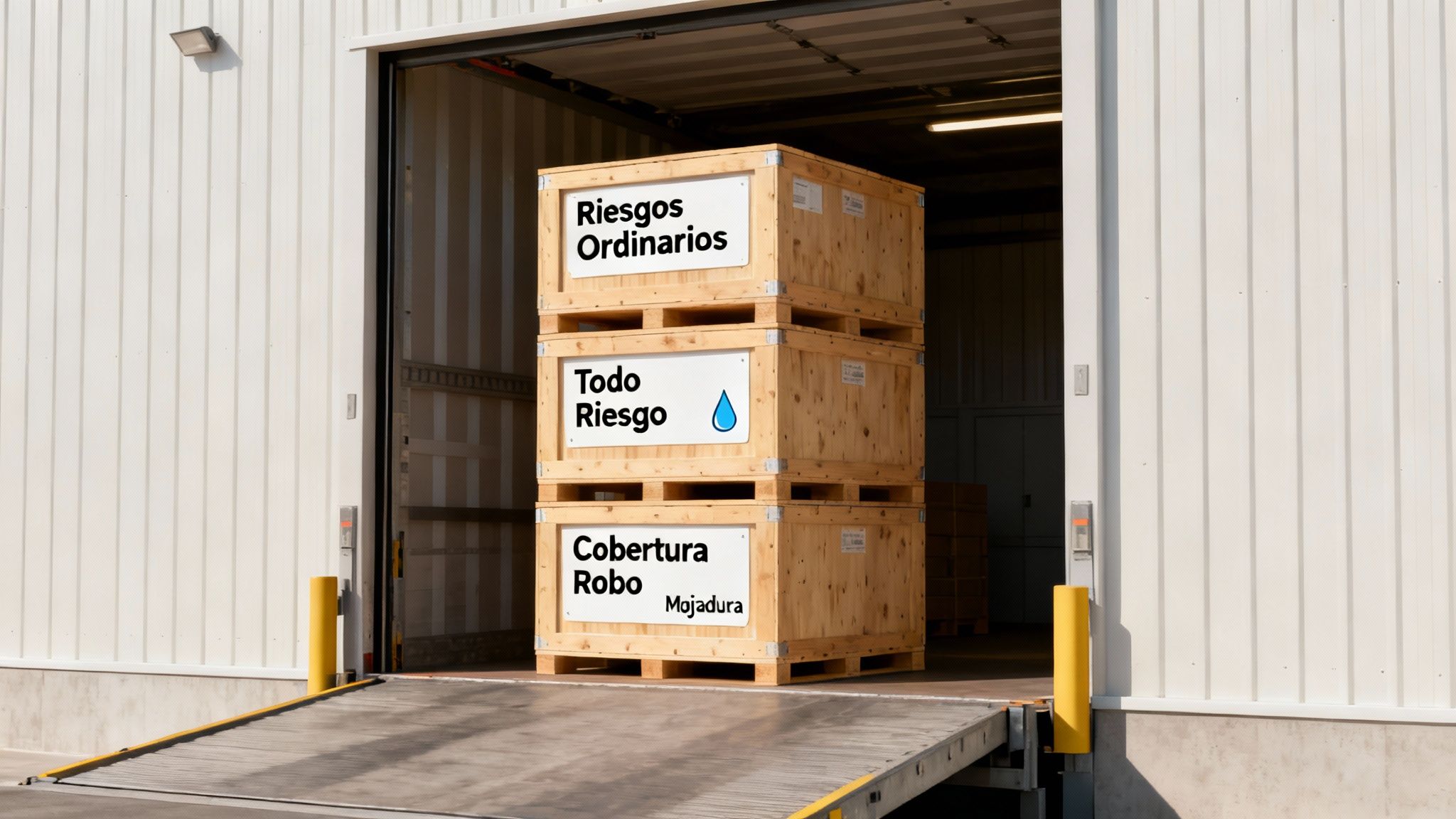 Cajas de madera apiladas en un muelle de carga con etiquetas de seguros de transporte: Riesgos Ordinarios, Todo Riesgo y Cobertura Robo y Mojadura.