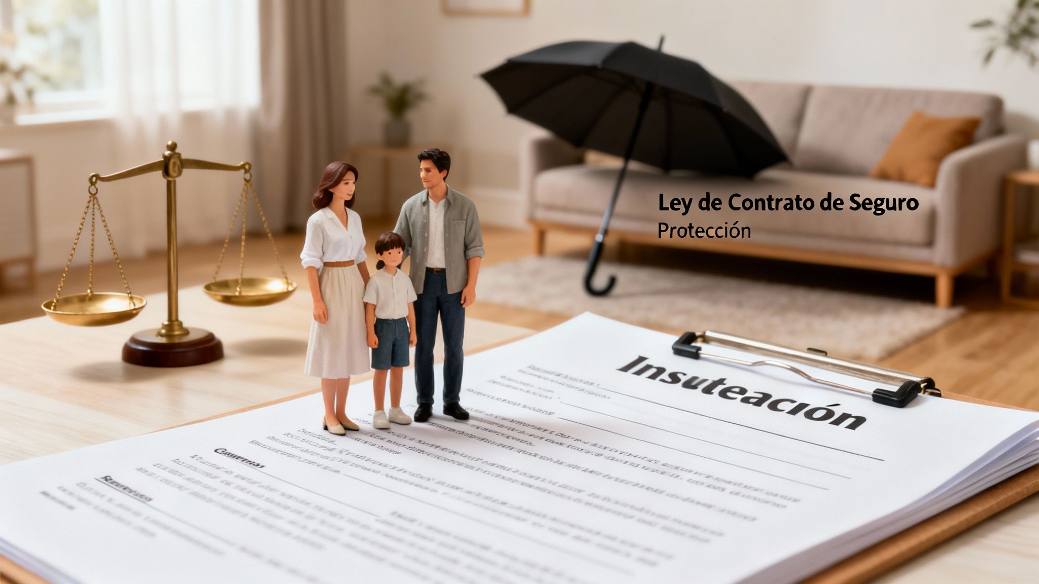 Familia, balanza de la justicia y paraguas sobre un documento de Ley de Contrato de Seguro, simbolizando protección legal.