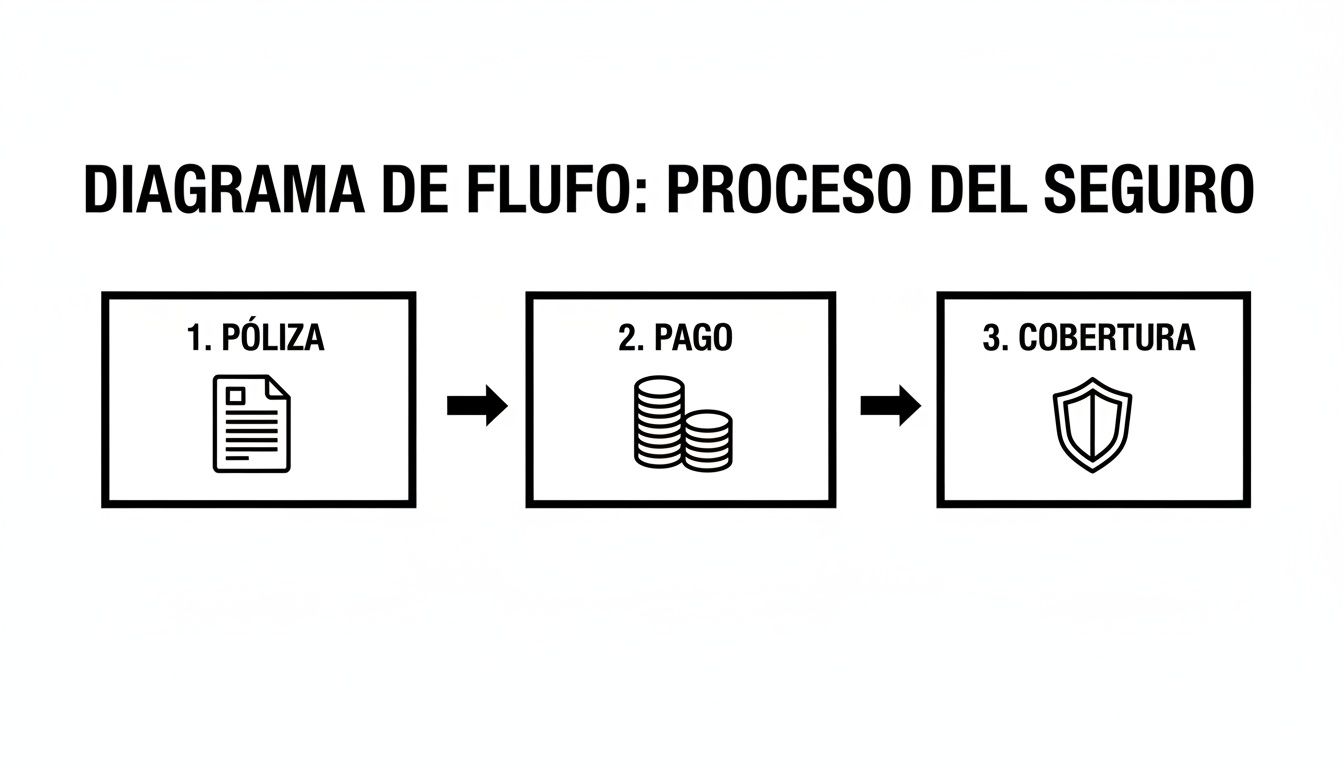Diagrama de flujo que muestra el proceso del seguro: póliza, pago y cobertura con iconos.