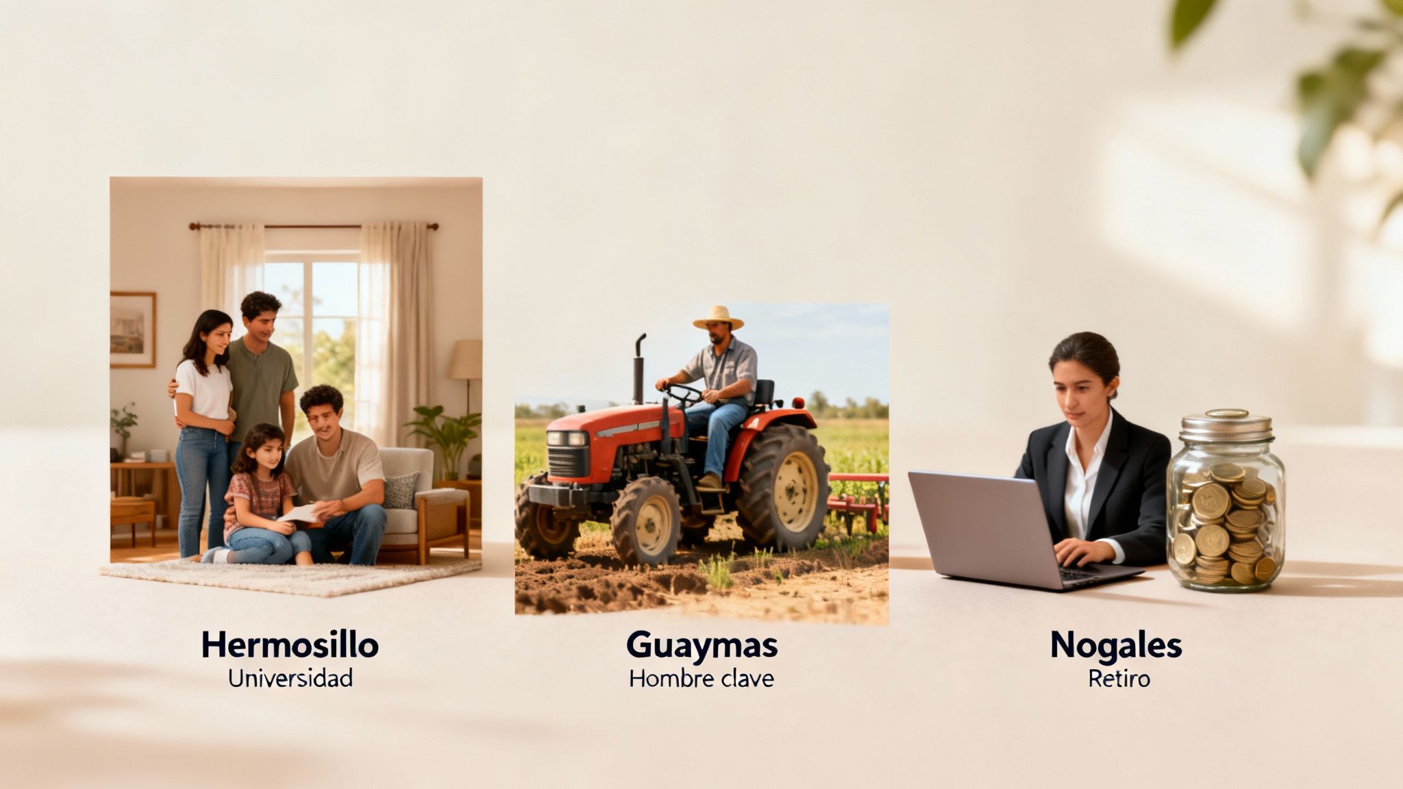 Imagen que muestra tres escenas: una familia, un agricultor en un tractor y una mujer con laptop y monedas, representando etapas de vida.