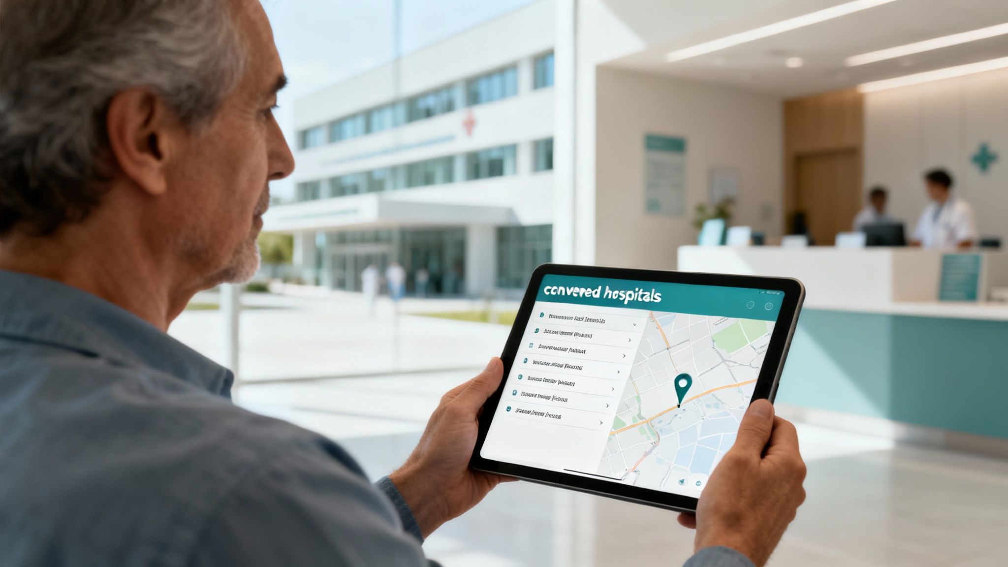Hombre usa tablet con aplicación de hospitales cubiertos, mostrando un mapa y lista, en un entorno hospitalario.