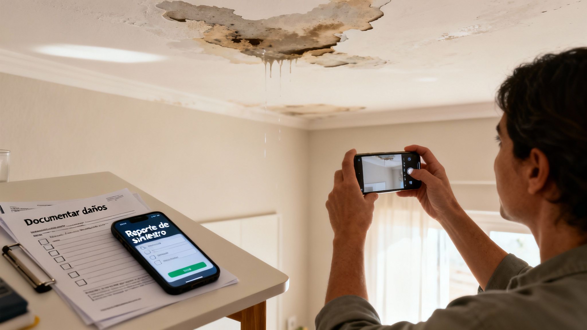 Hombre documentando daños por fuga de agua en el techo con su smartphone para un reporte de seguro.
