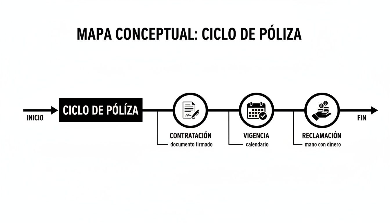 Mapa conceptual que ilustra el ciclo de vida de una póliza de seguro, desde la contratación hasta la reclamación.
