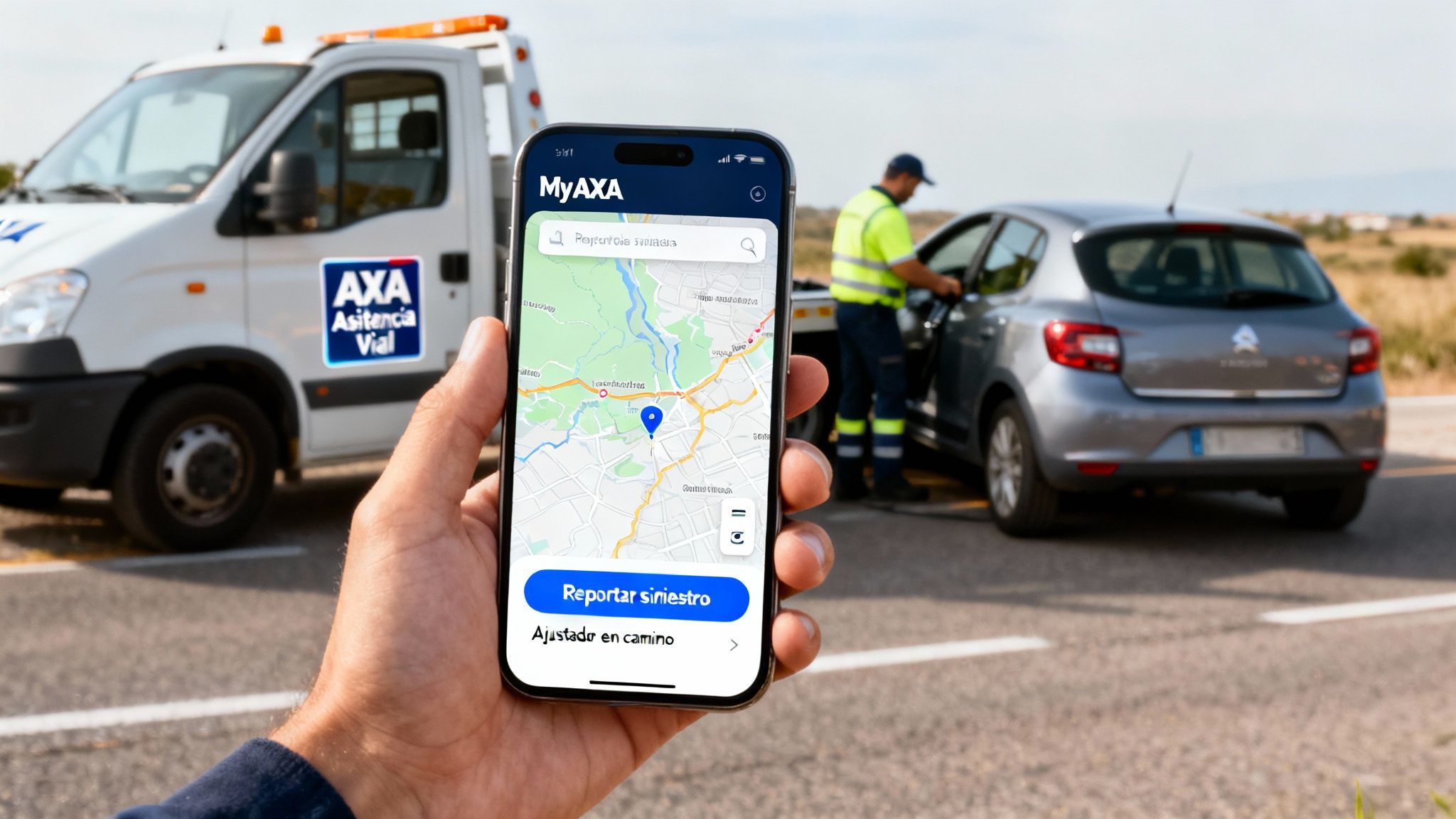 Hombre usa app MyAXA en su teléfono, con una grúa AXA asistiendo un coche averiado en la carretera.