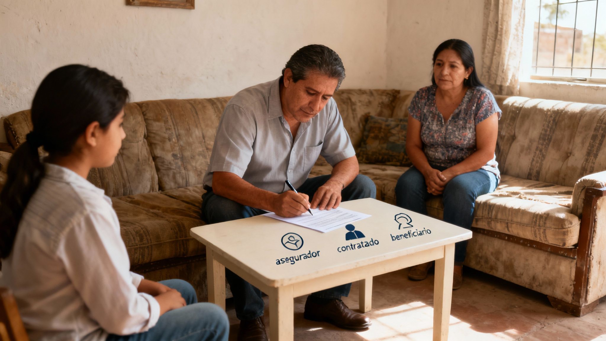 Grupo de personas representando los roles en un contrato de seguro
