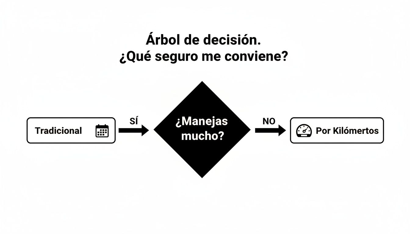 Árbol de decisión simple para elegir seguro de auto: tradicional si manejas mucho, por kilómetros si no.