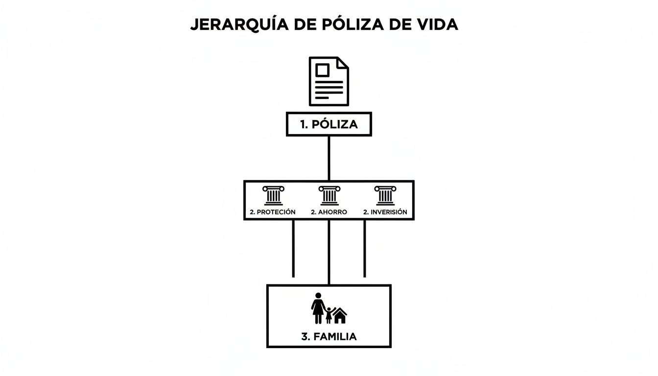 Diagrama jerárquico de una póliza de vida, detallando sus pilares de protección, ahorro e inversión para la familia.