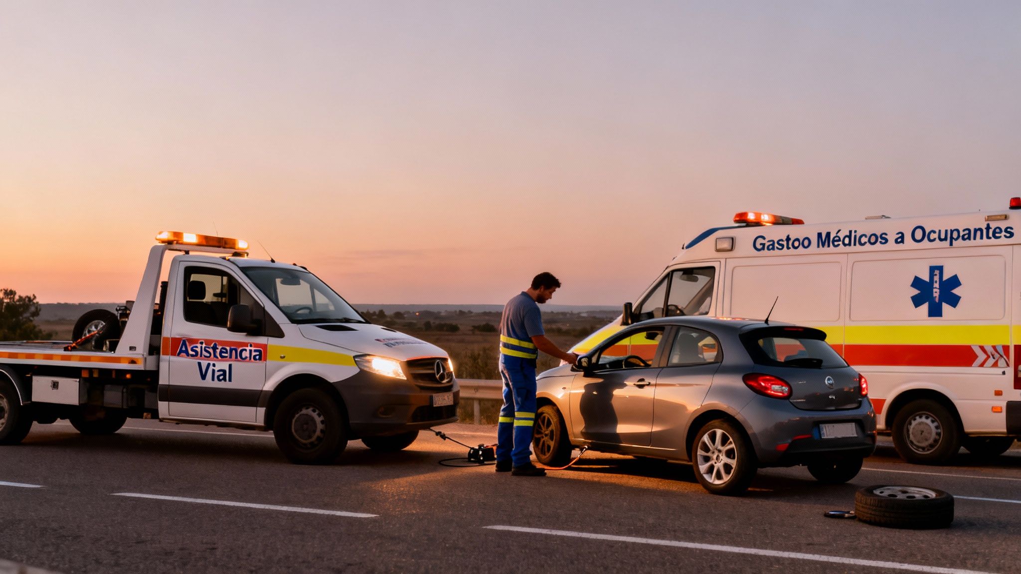 Hombre cambiando la rueda de un coche con asistencia vial y ambulancia al atardecer en carretera.