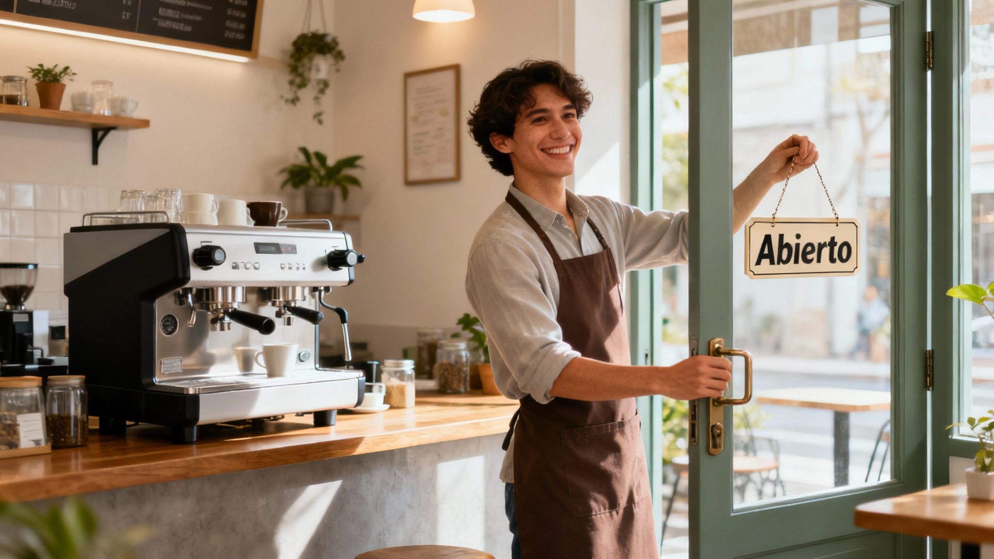 Un negocio de café reabriendo sus puertas con clientes felices, simbolizando la recuperación tras un siniestro.