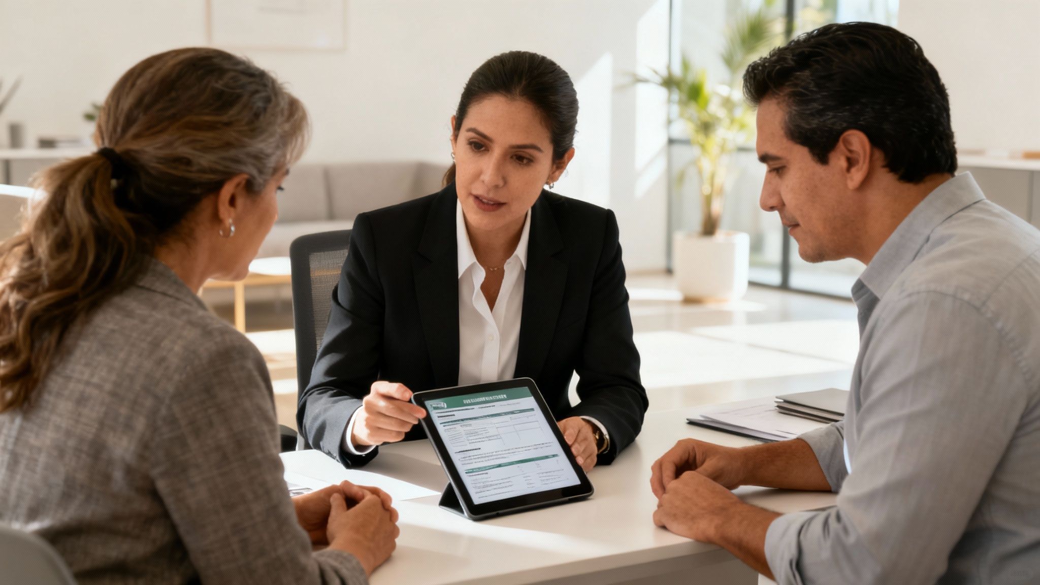 Asesor de ABE Seguros explicando opciones a una familia en Hermosillo.