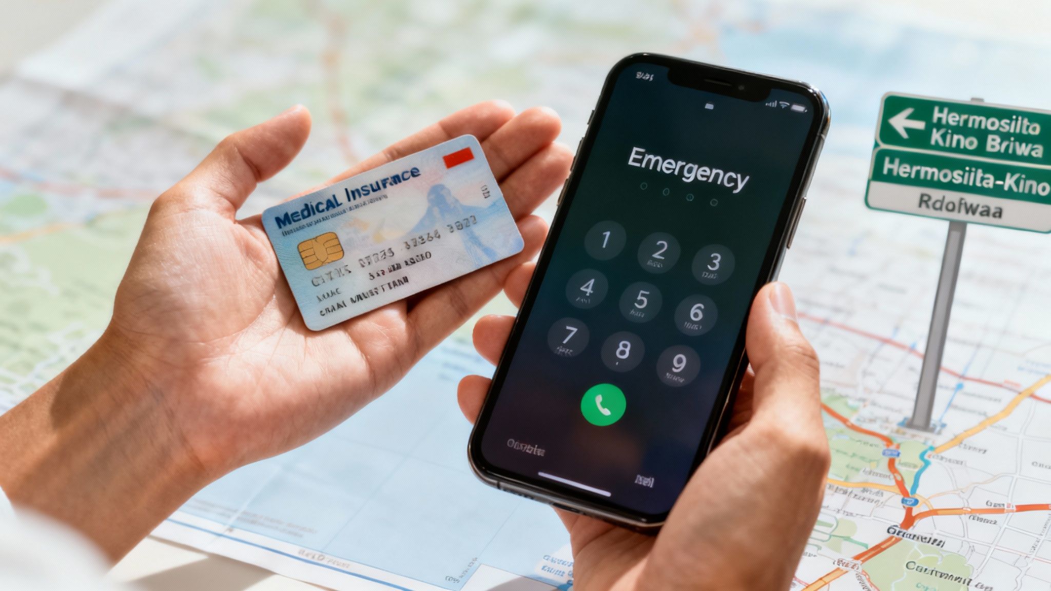 Persona consultando su teléfono frente a un hospital en Hermosillo, representando la calma de saber cómo actuar en una emergencia médica.
