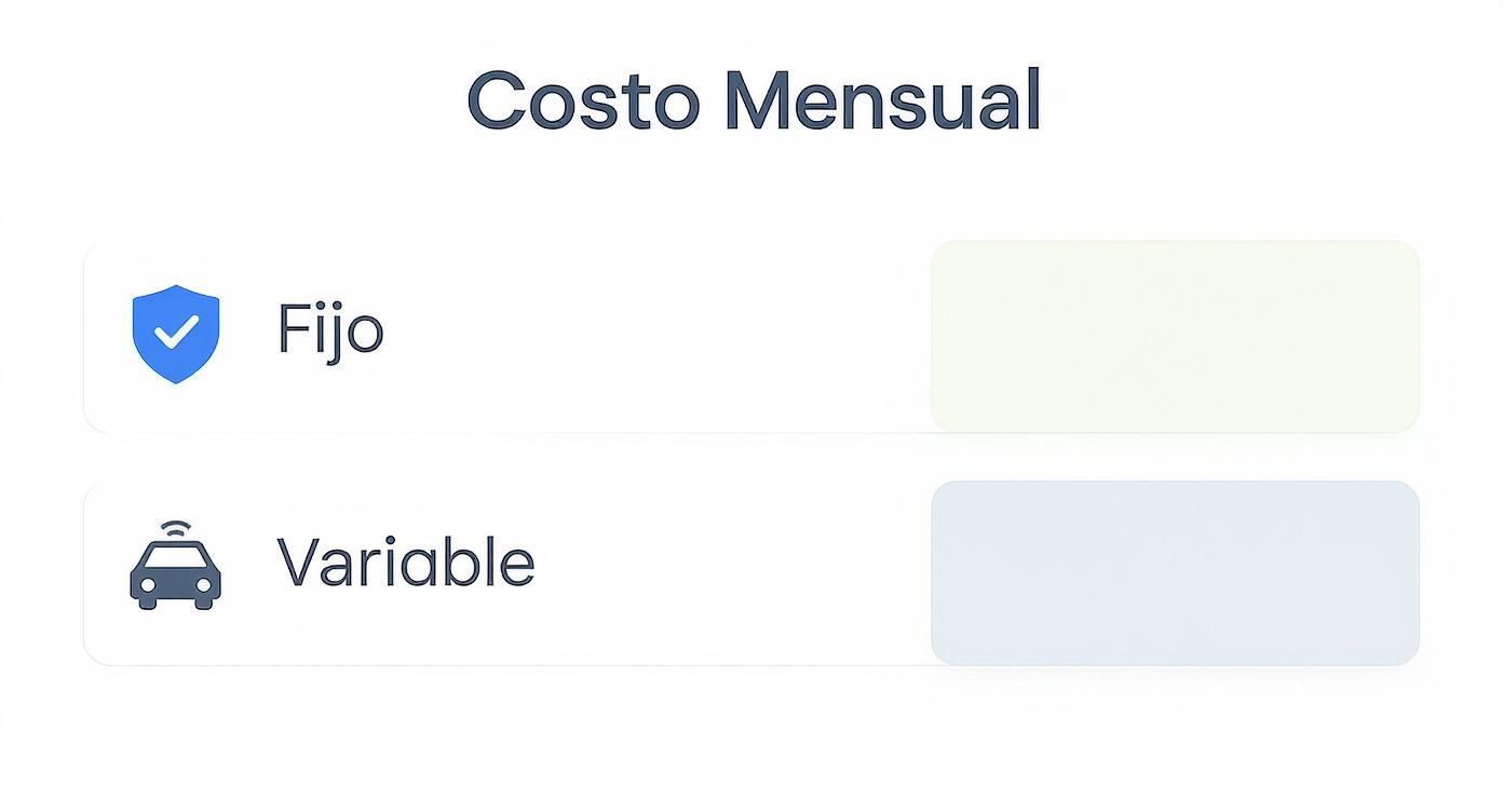 Sección de costo mensual con opciones fijo y variable, ilustrado con iconos de seguridad y automóvil.