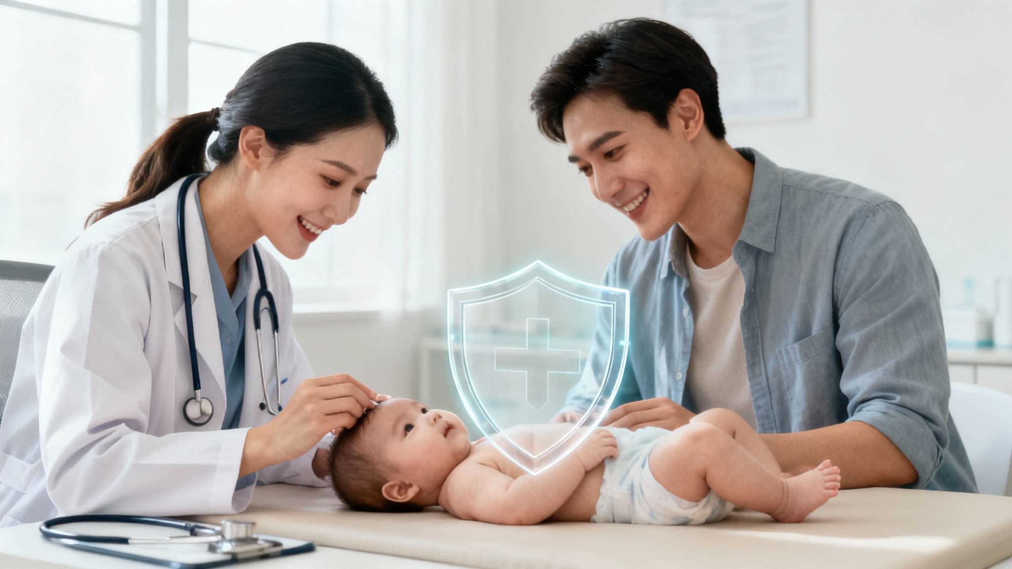Una doctora examina con cuidado a un niño sonriente, representando la tranquilidad que da el seguro médico familiar.