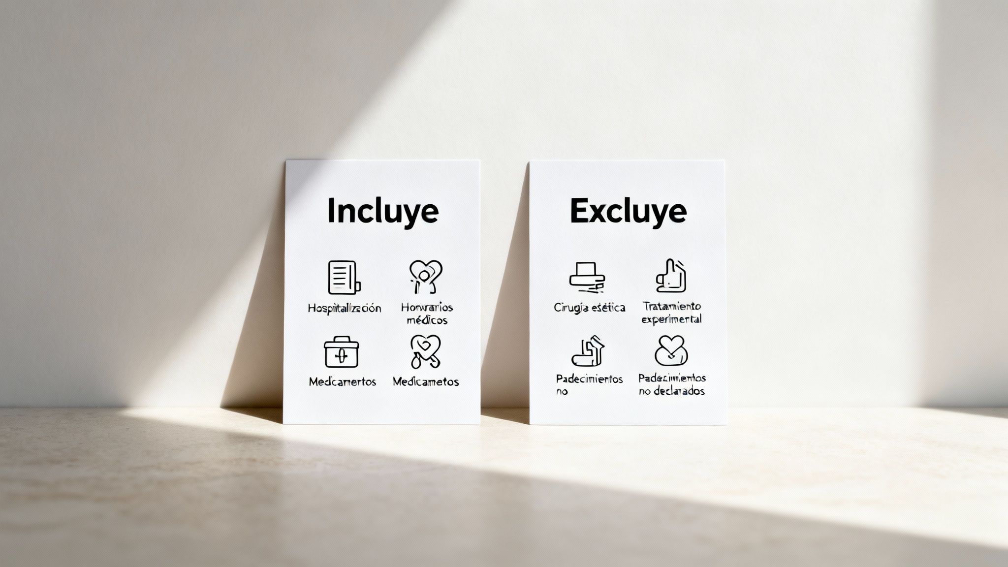 Dos tarjetas detallan las inclusiones y exclusiones de una póliza de seguro médico: hospitalización, medicamentos, cirugía estética y padecimientos.