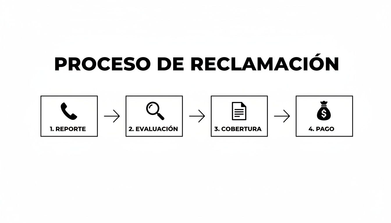 Diagrama de flujo que ilustra el proceso de reclamo de un seguro, desde el reporte hasta el pago final.