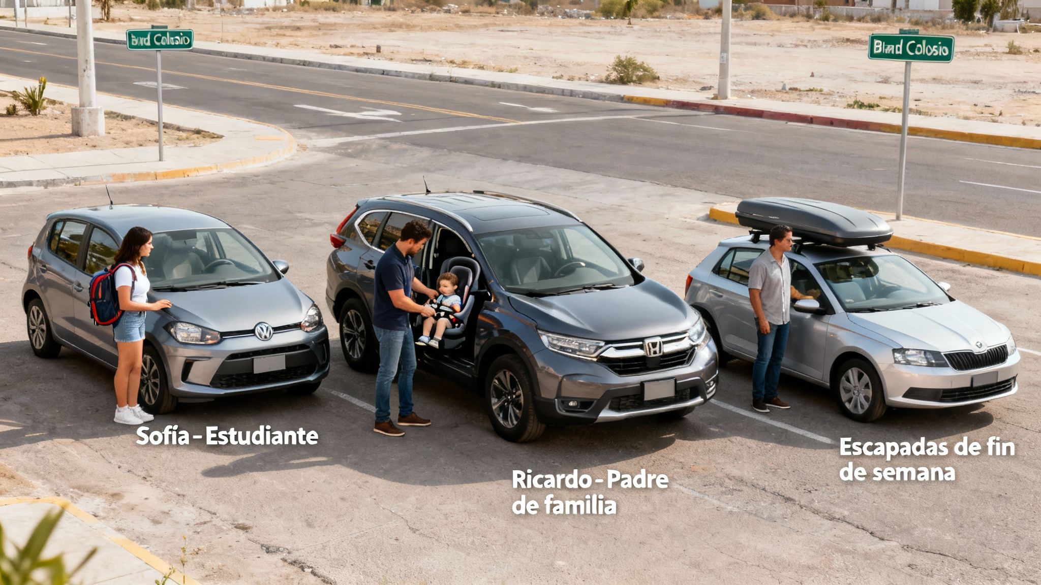 Tres vehículos estacionados con conductores representando distintos perfiles: estudiante, padre de familia y viajero.