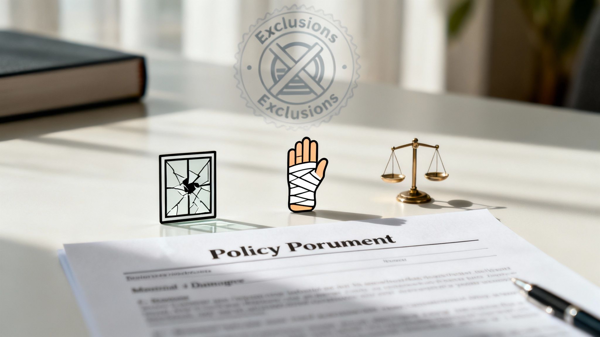 Documento de póliza de seguro con escala de justicia, ventana rota y mano vendada representando exclusiones