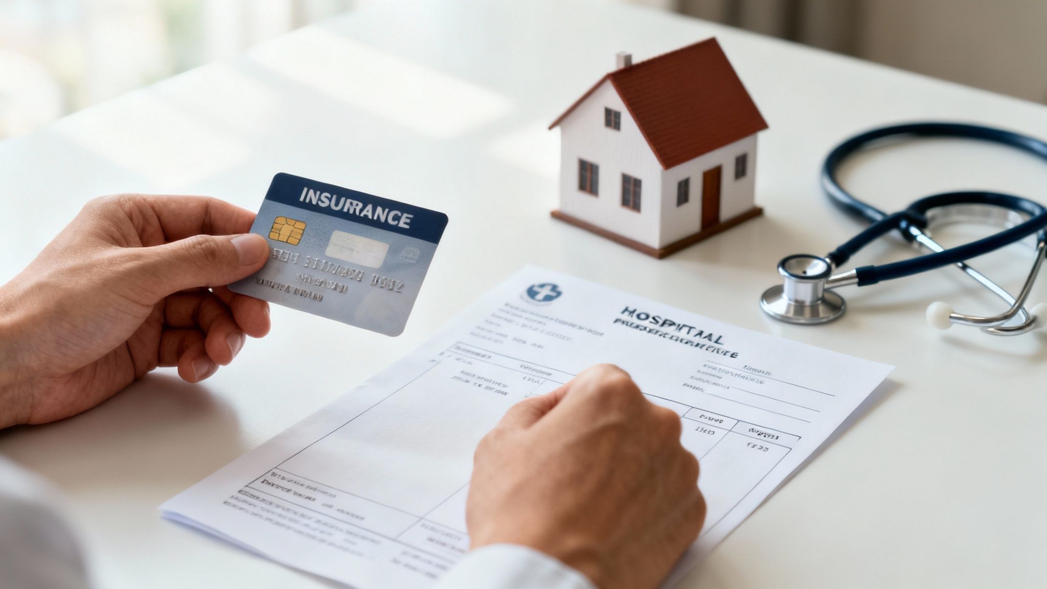Persona sostiene tarjeta de seguro junto a factura hospitalaria, modelo de casa y estetoscopio, simbolizando seguros médico y de hogar.