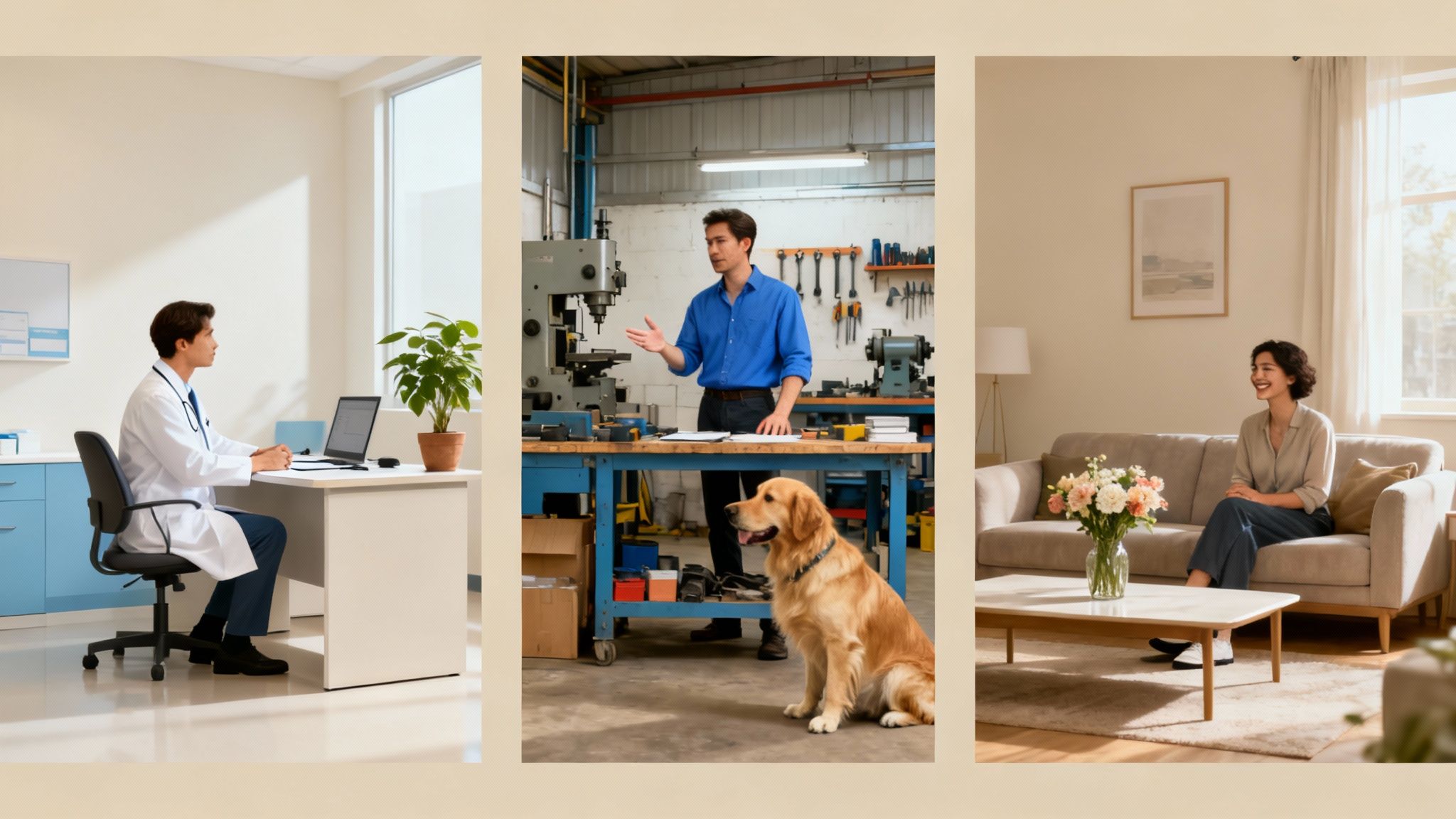 Una imagen que muestra diferentes escenarios como un profesional trabajando, una casa y un negocio, con el título "Más allá del auto dónde más necesitas esta protección" superpuesto.