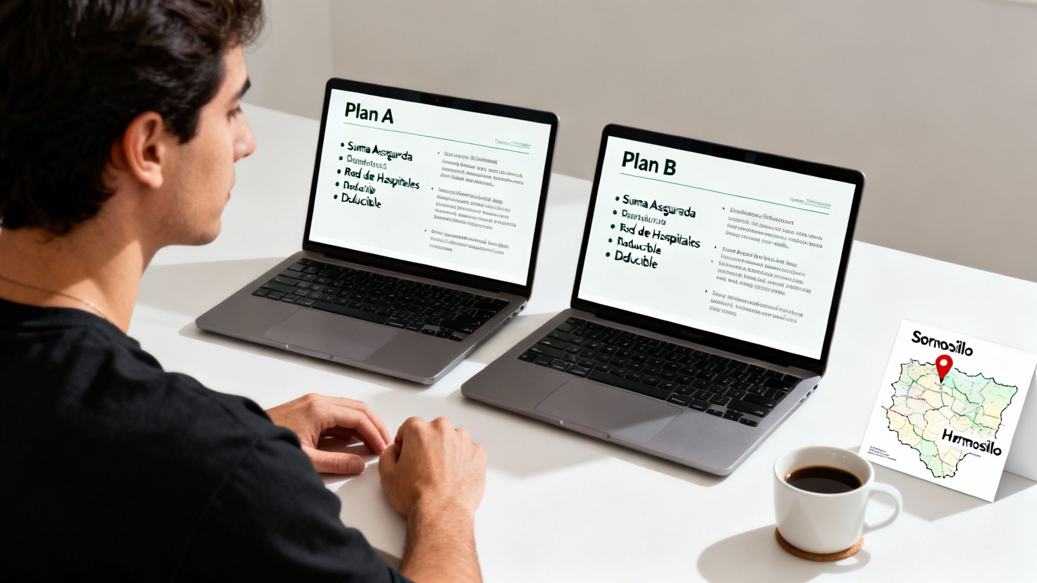 Hombre comparando dos planes de seguro médico en laptops, con un mapa de Hermosillo y una taza de café.